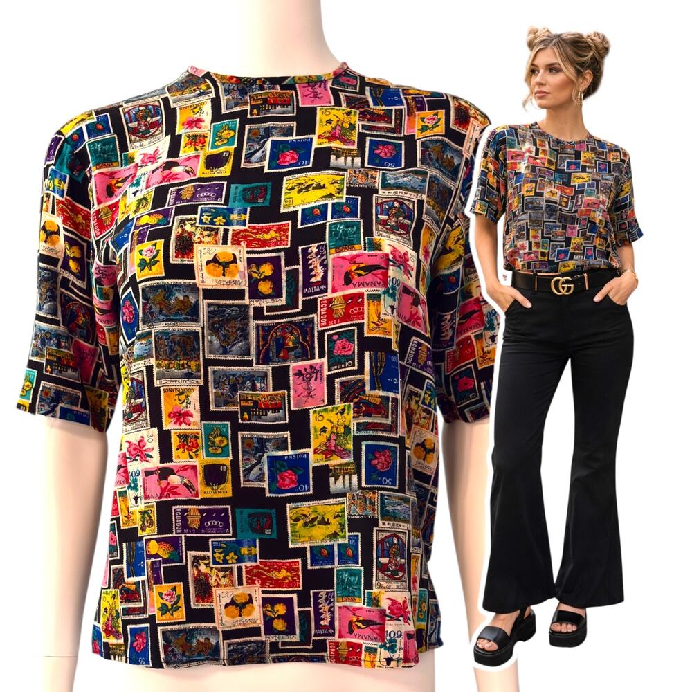 Vintage Nordstrom Stamp Print Blouse 100% Silk Size XS Oversized Whimsical 80s